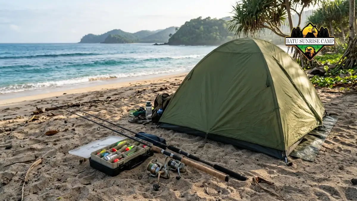Seperangkat alat pancing untuk camping di pantai meliputi joran spinning, reel, tackle box, dan umpan buatan tertata rapi di atas pasir
