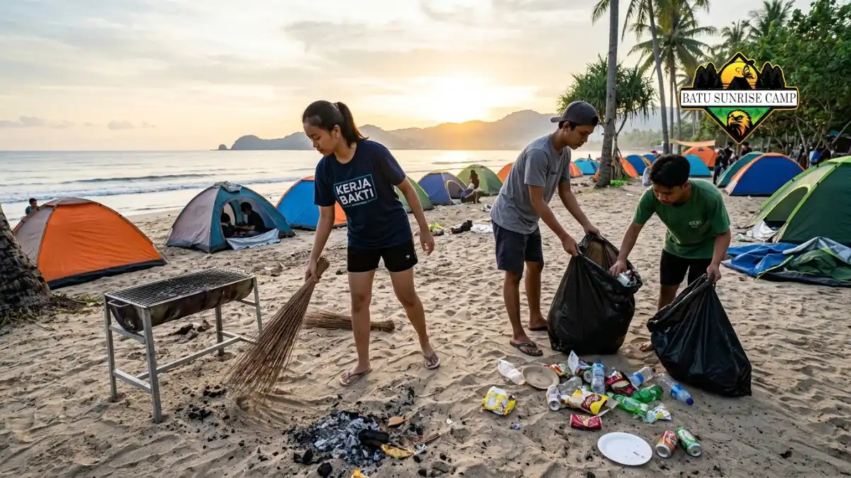 Rombongan campers membersihkan area camping di pantai dengan mengumpulkan sampah ke kantong plastik setelah sesi BBQ selesai