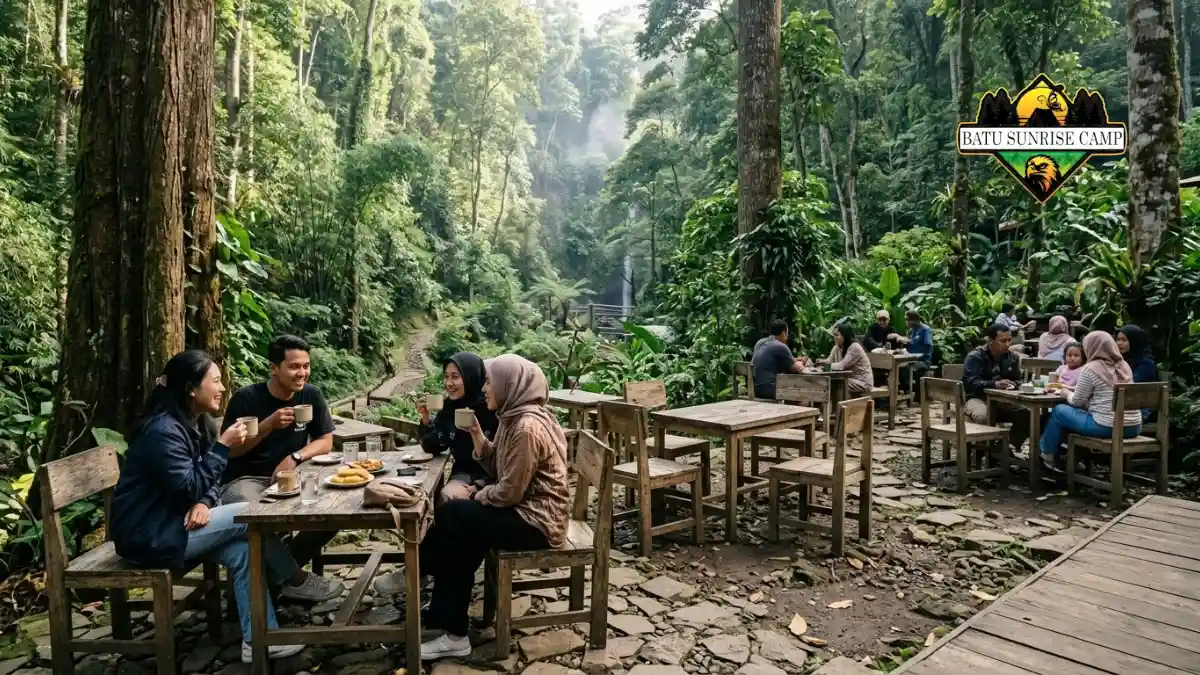 Dancok Cafe di kawasan wisata Coban Rondo dengan bangunan kayu, hammock, dan latar hutan pinus pegunungan Pujon