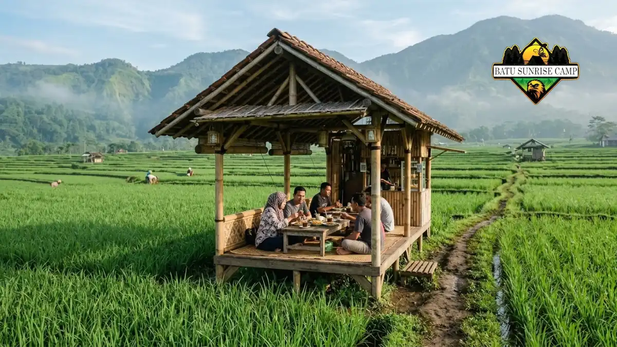 Cafe Sawah Pujon Kidul Malang dengan saung kayu di tengah hamparan sawah hijau dan pemandangan pegunungan di kejauhan