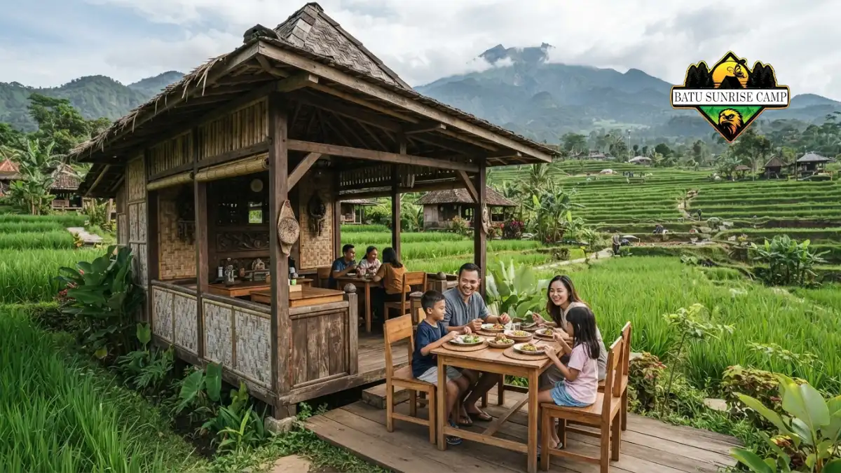 Saung kayu di Cafe Sawah Pujon Kidul dengan pemandangan hamparan sawah hijau dan pegunungan di kejauhan