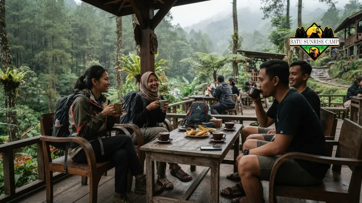 Suasana cafe outdoor setelah wisata Coban Rondo dengan meja kayu dan pemandangan pegunungan hijau