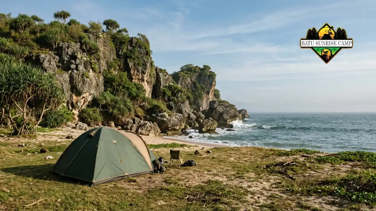 Area camping di Pantai Siung Gunungkidul dengan tenda-tenda berdiri di antara tebing karang tinggi dan pasir putih