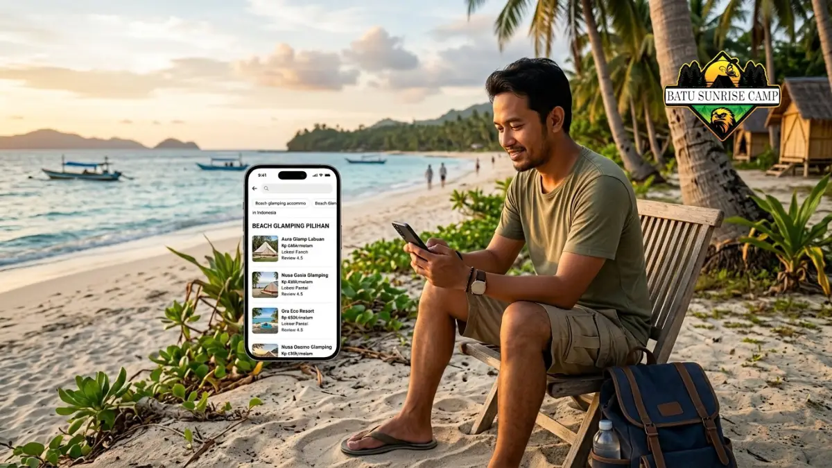 Wisatawan pria duduk di bangku pantai sambil membandingkan harga glamping di ponsel dengan daftar pilihan beach glamping dan tarif per malam