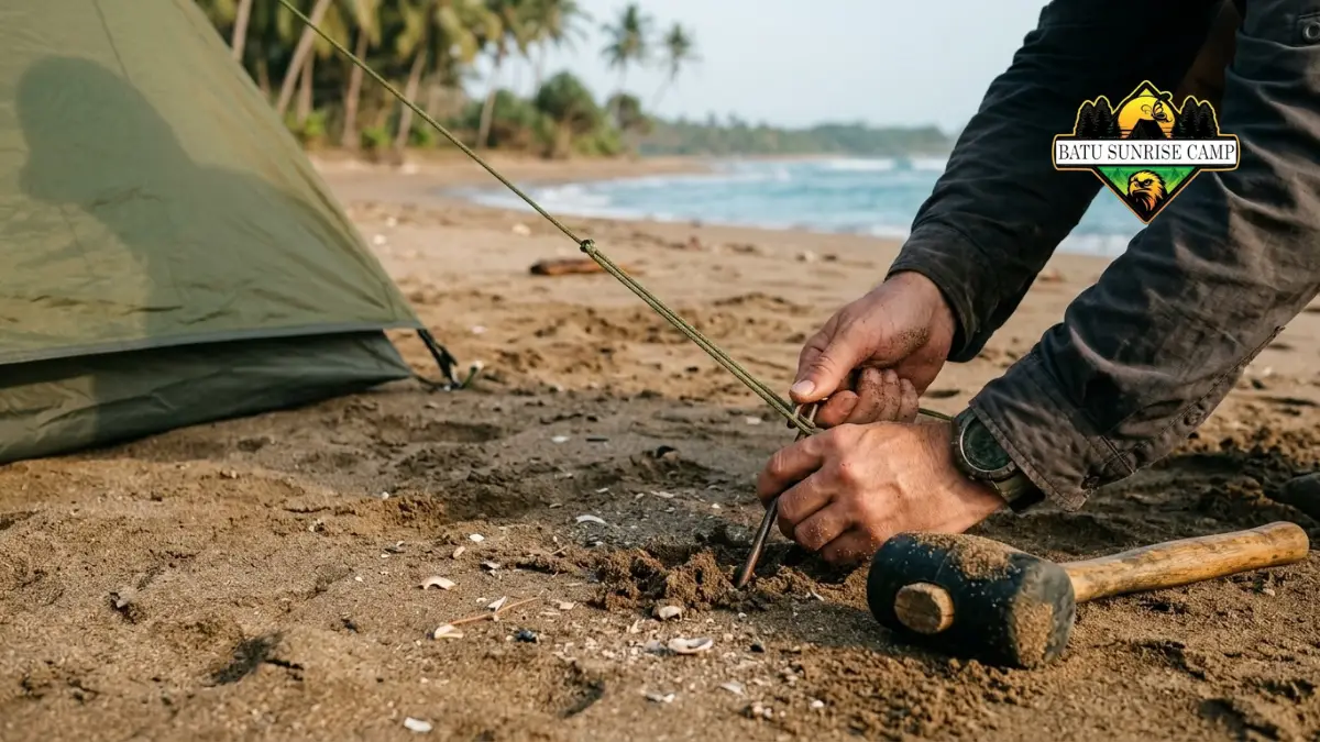 Ilustrasi cara memasang pasak tenda khusus pasir di pantai agar tenda berdiri kokoh