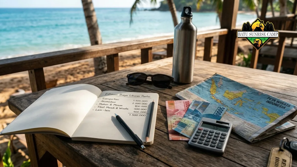 Buku catatan terbuka berisi estimasi biaya liburan pantai dengan rincian transportasi, akomodasi, makan, dan tiket wisata di meja kayu tepi pantai bersama kalkulator, uang rupiah, dan peta wisata Indonesia