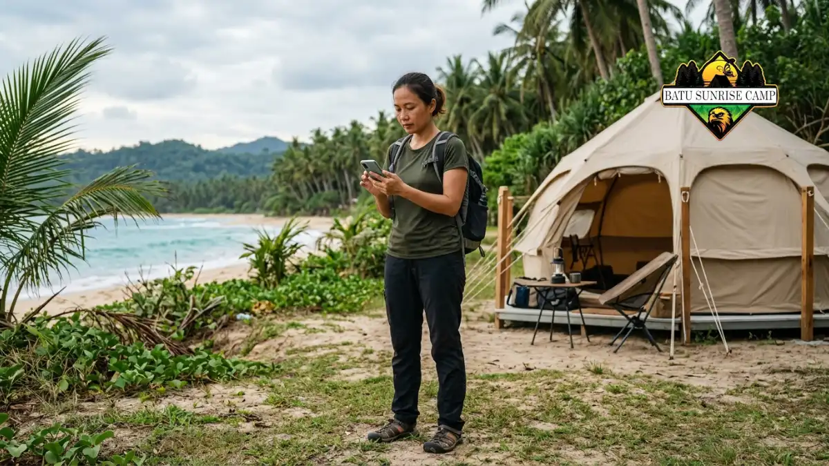 Wisatawan wanita berdiri di depan tenda glamping pantai sambil memeriksa prakiraan cuaca di ponsel dengan latar belakang pantai dan pepohonan tropis