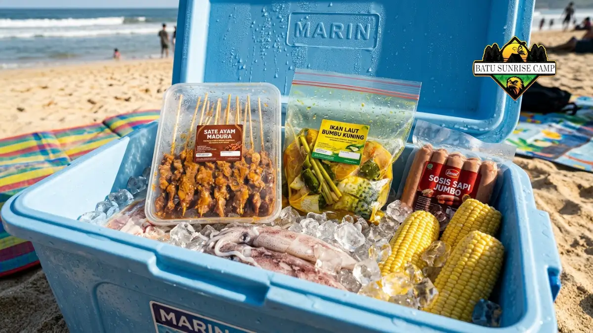 Cooler box biru berisi es batu dengan sate ayam Madura, ikan laut bumbu kuning, cumi segar, sosis sapi jumbo, dan jagung manis di tepi pantai