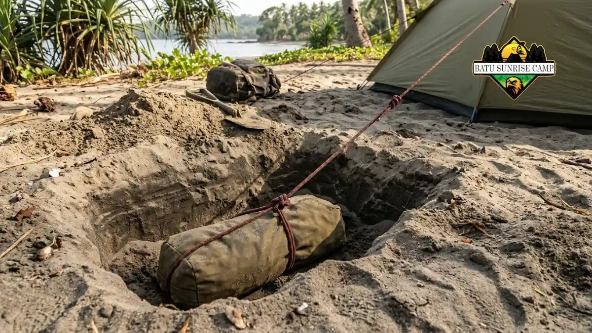 Kantong pasir yang dikubur mendatar di dalam lubang pasir pantai sebagai dead man anchor untuk menahan tali tenda camping