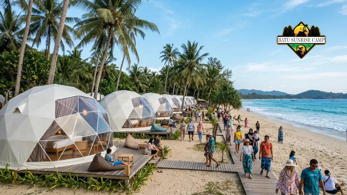 Wisatawan memadati area tenda glamping dome tepi pantai saat musim liburan dengan tenda kubah berjejer rapi di atas pasir
