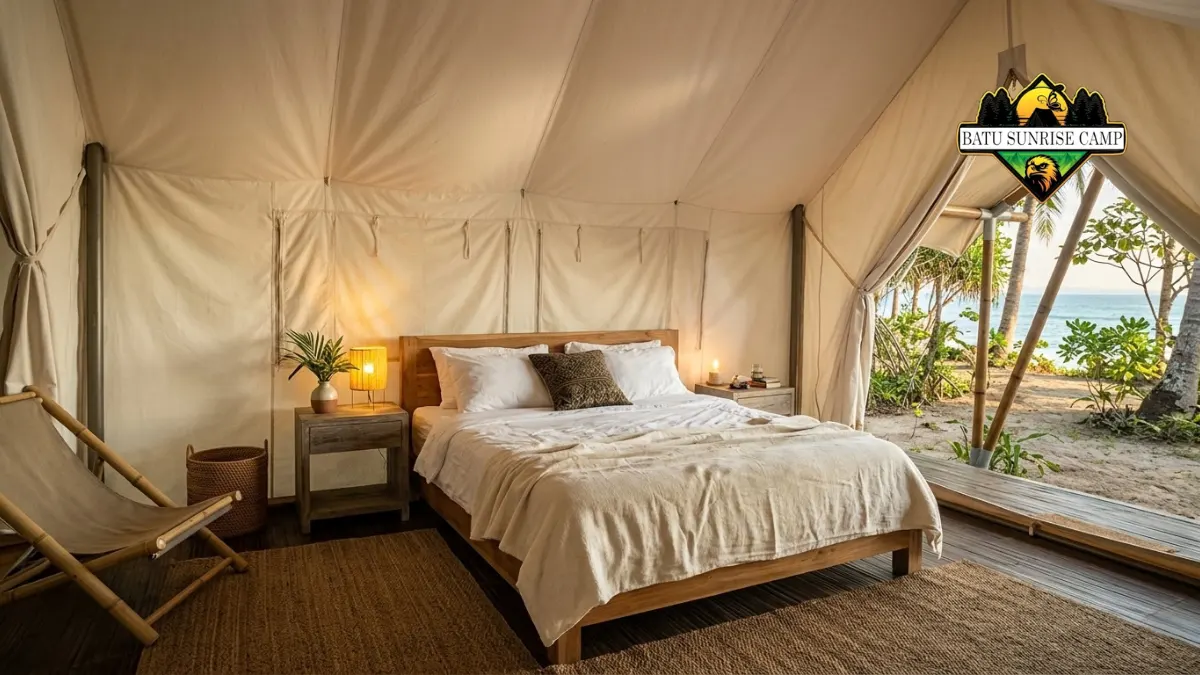 Akomodasi glamping pantai dengan tenda mewah dan fasilitas tempat tidur yang nyaman untuk liburan keluarga di area pesisir