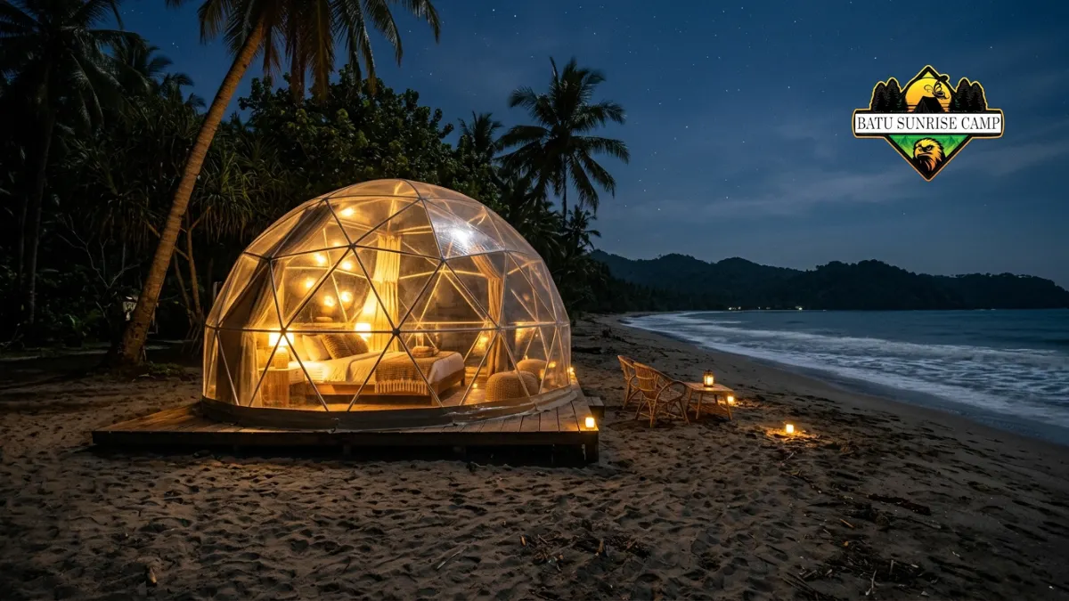 Deretan tenda glamping dome berbentuk kubah dengan pencahayaan hangat berdiri di tepi pantai saat malam hari dengan langit berbintang di atas laut