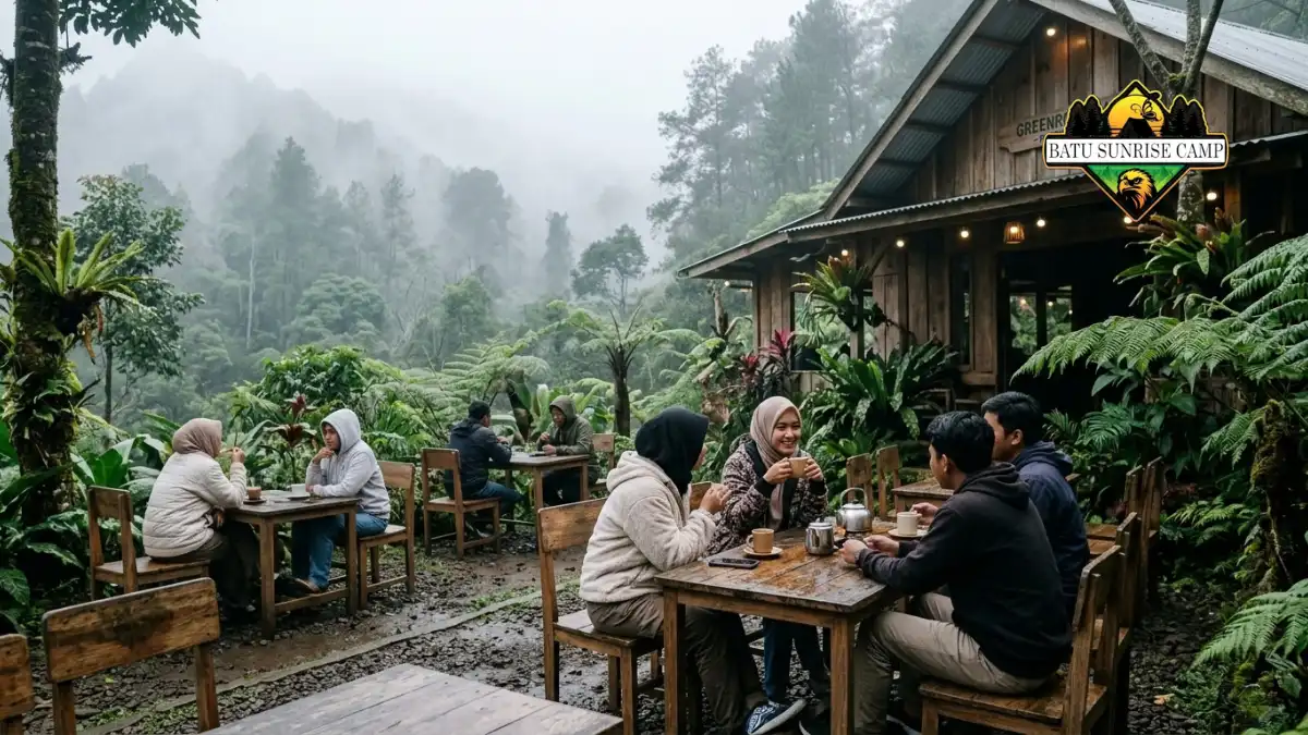 Greenrock Cafe di kawasan wisata Coban Rondo dengan suasana berkabut dan arsitektur bernuansa alam pegunungan