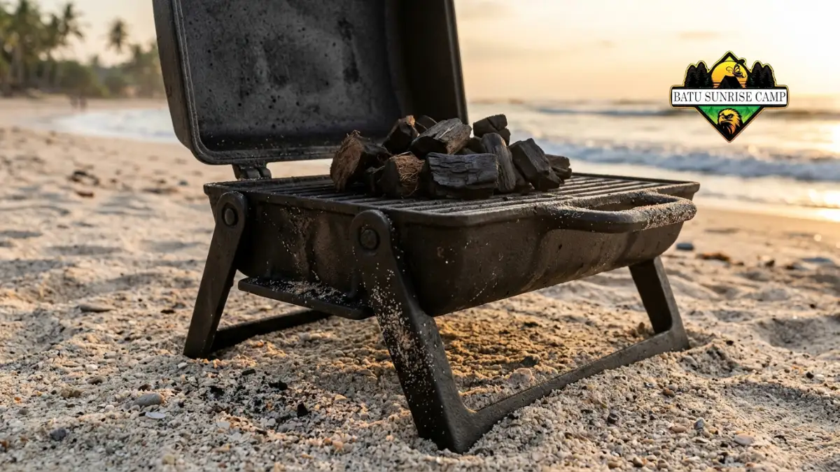 Grill besi cor lipat portable dengan arang di atas pasir pantai saat senja
