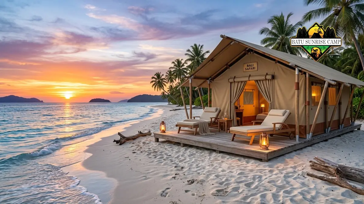 Tenda glamping mewah safari dengan dek kayu dan kursi santai di tepi pantai pasir putih saat matahari terbenam dengan pohon kelapa dan lentera menyala