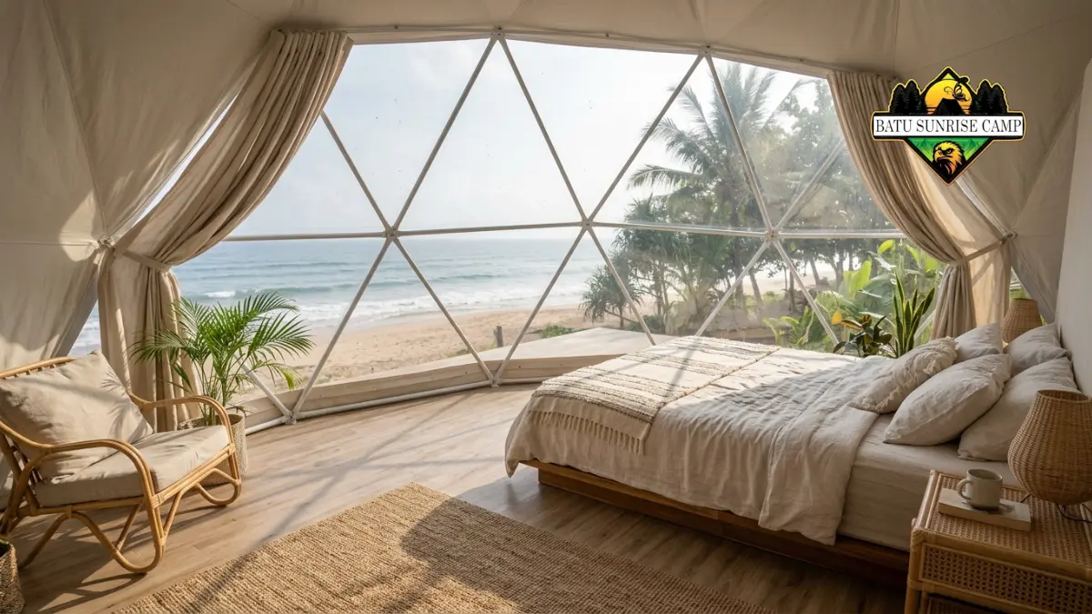 Interior tenda glamping dome di pantai dengan kasur empuk berseprai putih, lampu tidur hangat, dan jendela transparan menghadap pemandangan laut