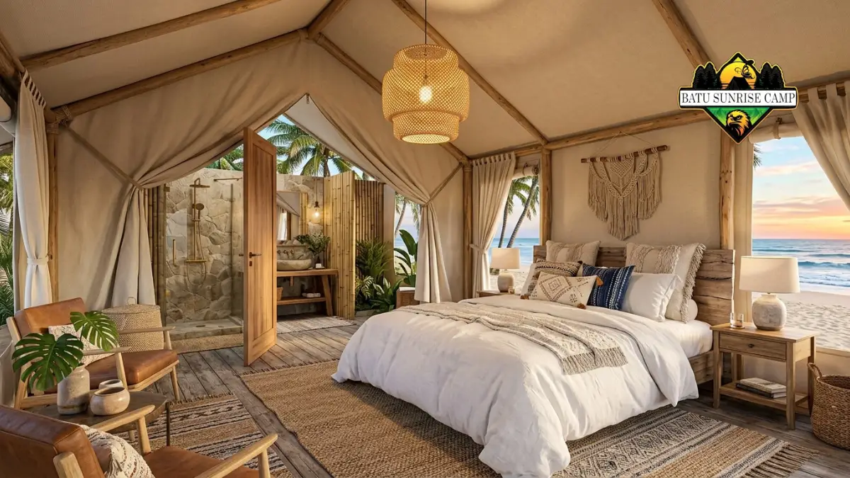 Interior tenda glamping mewah di tepi pantai dengan tempat tidur king size berlinen putih, lampu gantung rotan, kamar mandi batu alam, dekorasi macrame, dan pemandangan laut saat senja