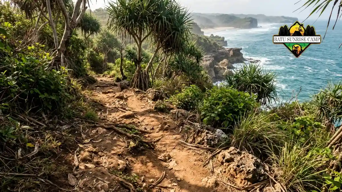 Pendaki dengan ransel berjalan menyusuri jalur trekking berbatu menuju pantai terpencil di antara pepohonan tropis