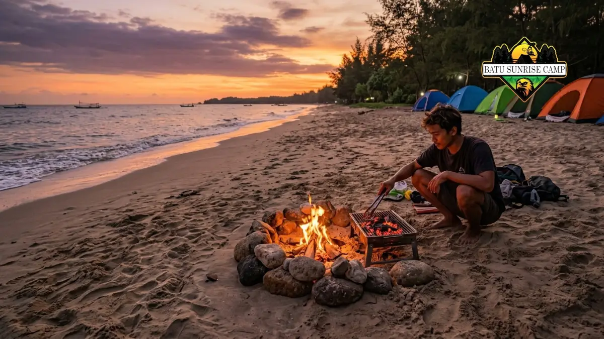 Api unggun kecil di atas pasir pantai dengan jarak aman dari vegetasi dan garis pasang air laut