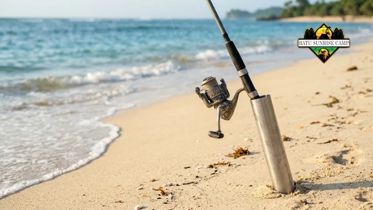 Joran spinning dan reel spinning tertata di atas pasir pantai siap digunakan untuk memancing dari bibir pantai