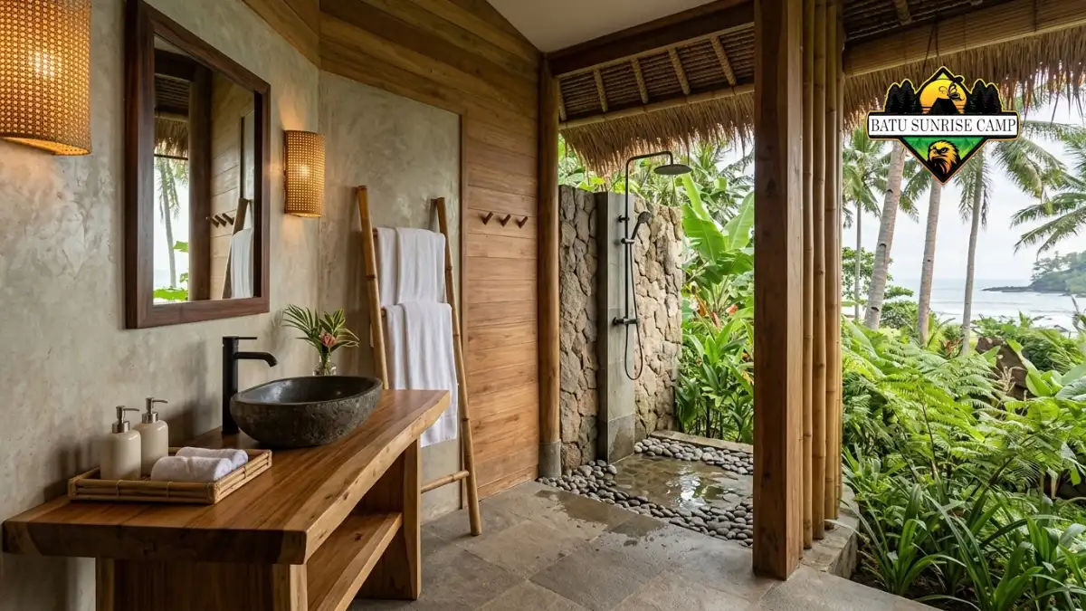 Interior kamar mandi pribadi di unit glamping pantai dengan wastafel, cermin, dan pencahayaan yang terang
