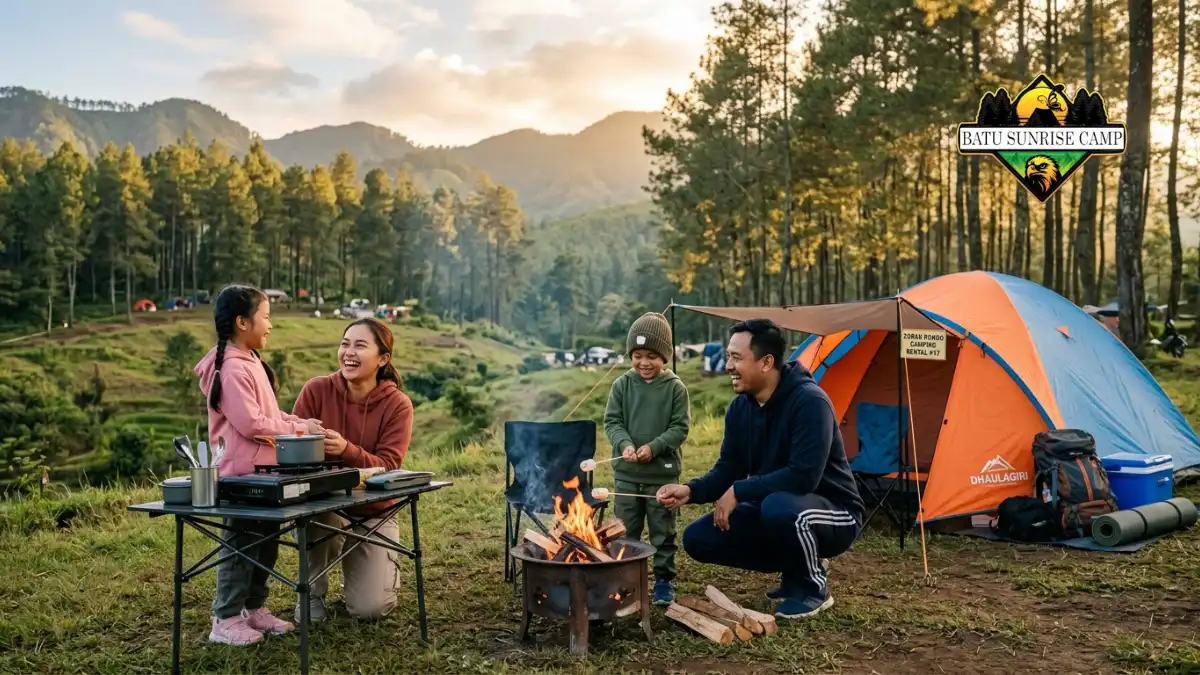 Keluarga camping dengan tenda di Coban Rondo