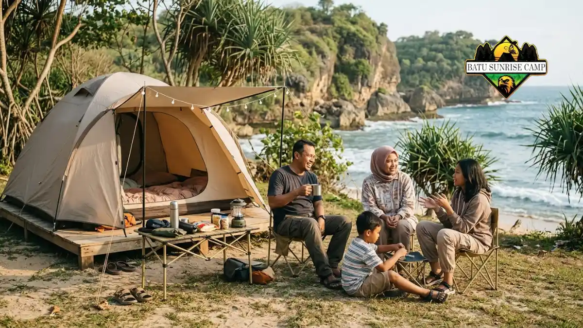 Keluarga menikmati suasana glamping di Pantai Watu Kodok Gunungkidul dengan tenda sewaan dan warung makan di sekitar