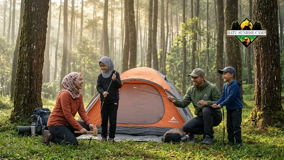 Keluarga mendirikan tenda camping di area Coban Rondo