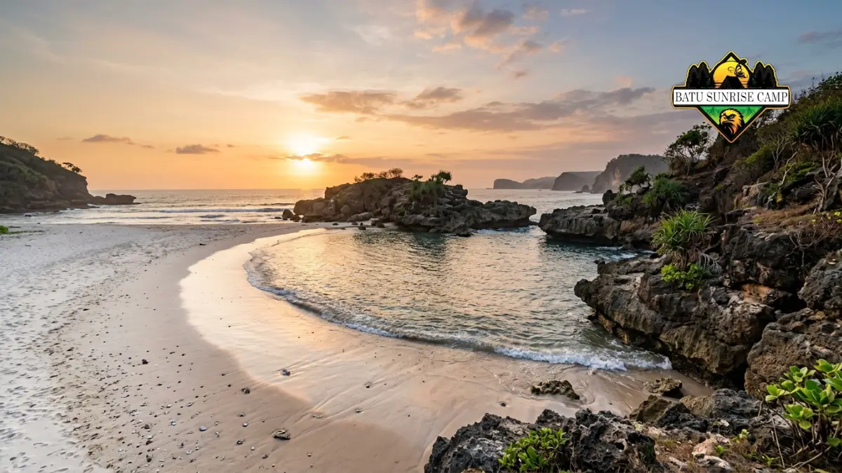 Laguna alami dengan pasir putih di Pantai Wediombo Gunungkidul yang dikelilingi karang dan ombak besar di kejauhan