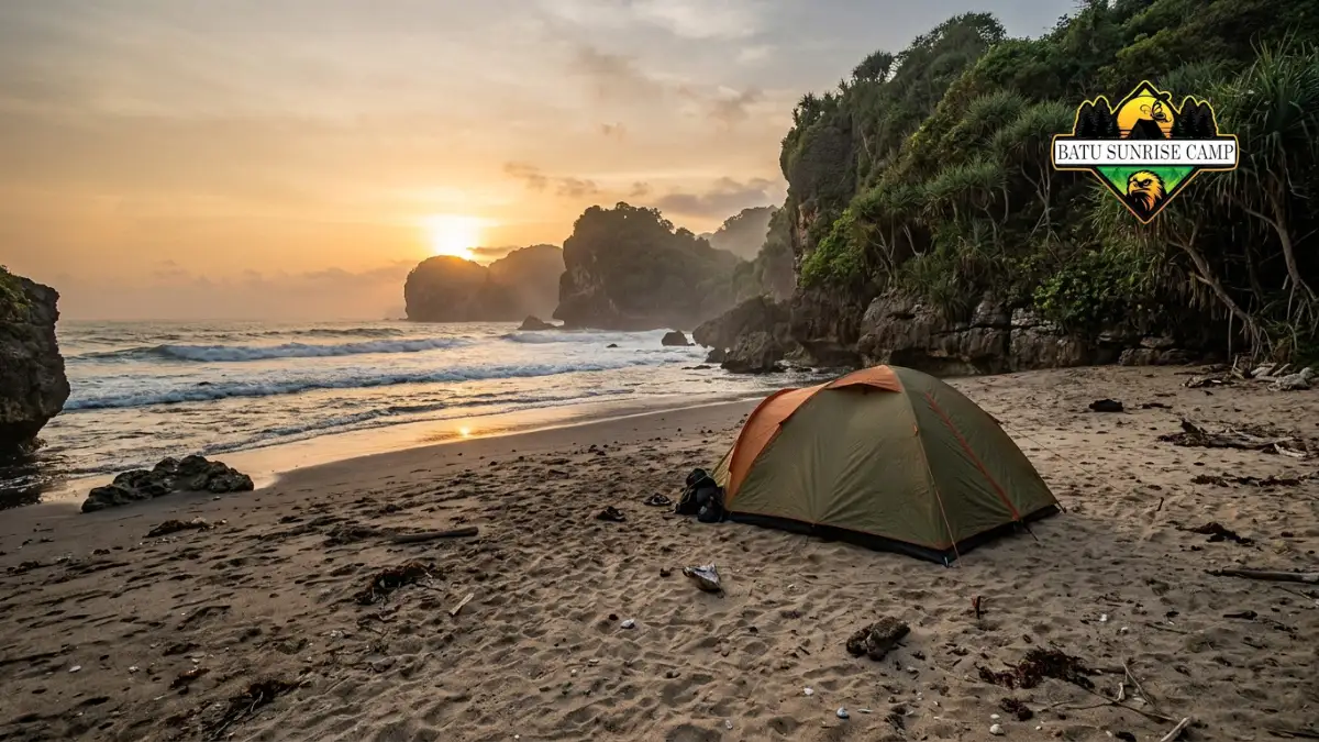 Panorama pantai tersembunyi berpasir putih dikelilingi tebing karang dan ombak tenang untuk camping terpencil