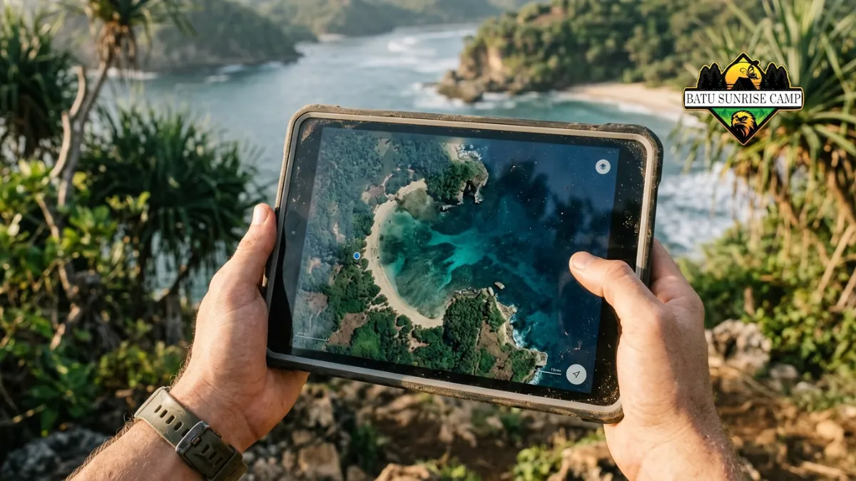 Layar gawai menampilkan citra peta satelit pesisir untuk menganalisis kontur teluk dan jalur setapak camping pantai tersembunyi