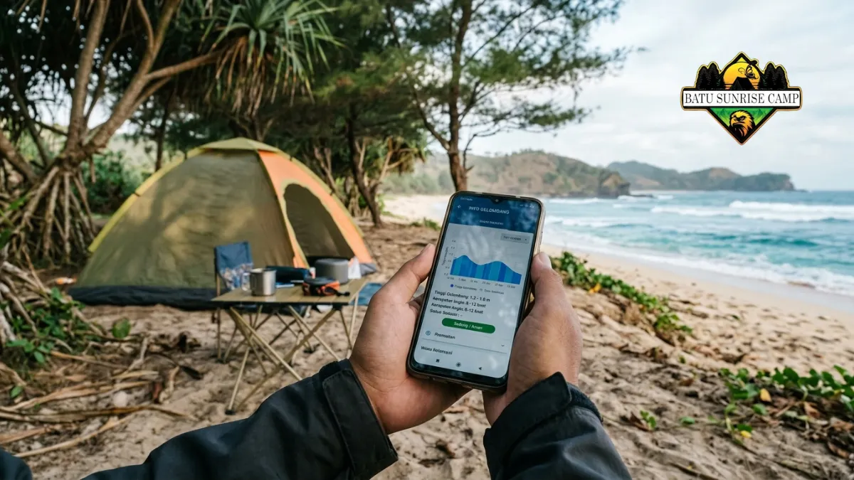 Layar ponsel menampilkan halaman prakiraan tinggi gelombang BMKG dengan data cuaca maritim sebelum camping di pantai terpencil