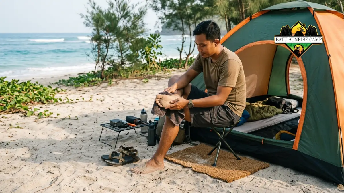 Tangan mengelap kaki dengan handuk kering di depan pintu tenda untuk membersihkan butiran pasir sebelum masuk ke dalam tenda camping