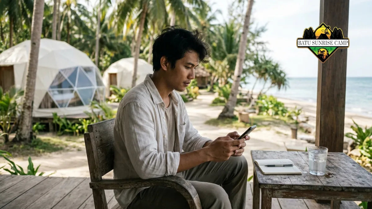 Calon wisatawan memeriksa ulasan online dan reputasi vendor sewa glamping dome pantai pada perangkat gawai sebelum memesan