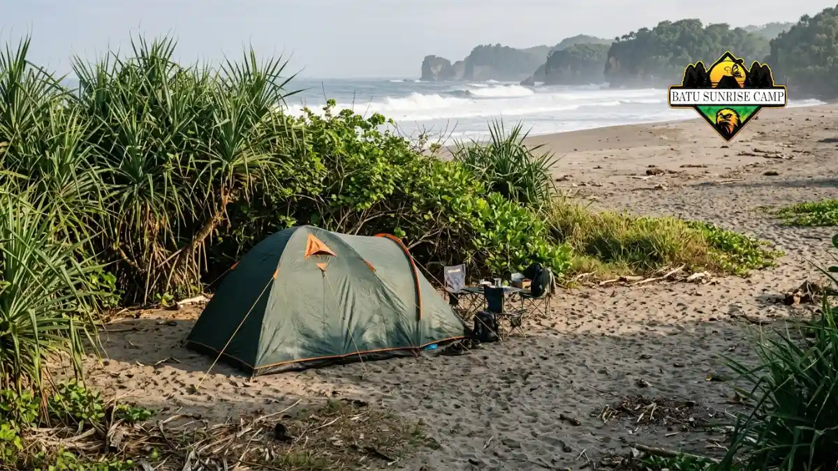Area camping di balik vegetasi pantai dengan tenda terlindung dari angin langsung dan pasir yang beterbangan