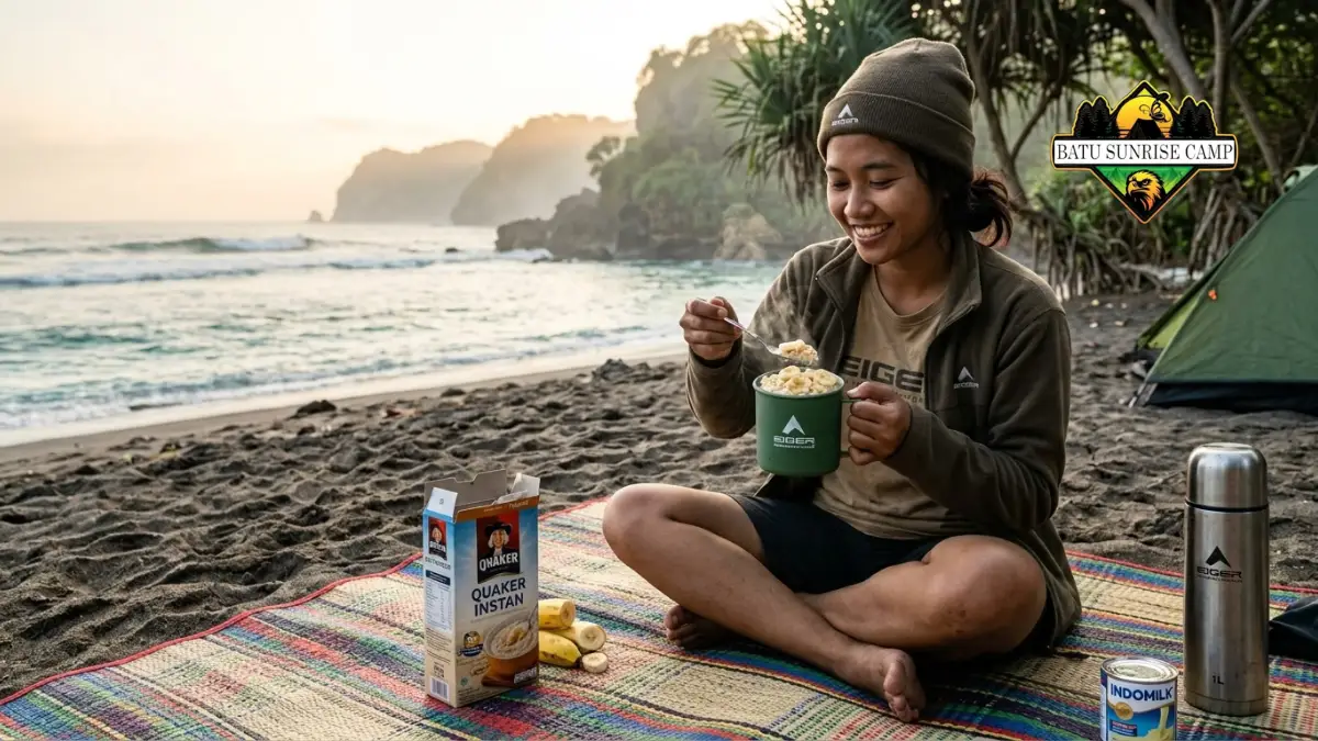 Seorang camper wanita menikmati oatmeal Quaker Instan dari mug di tepi pantai dengan termos dan pisang di pagi hari