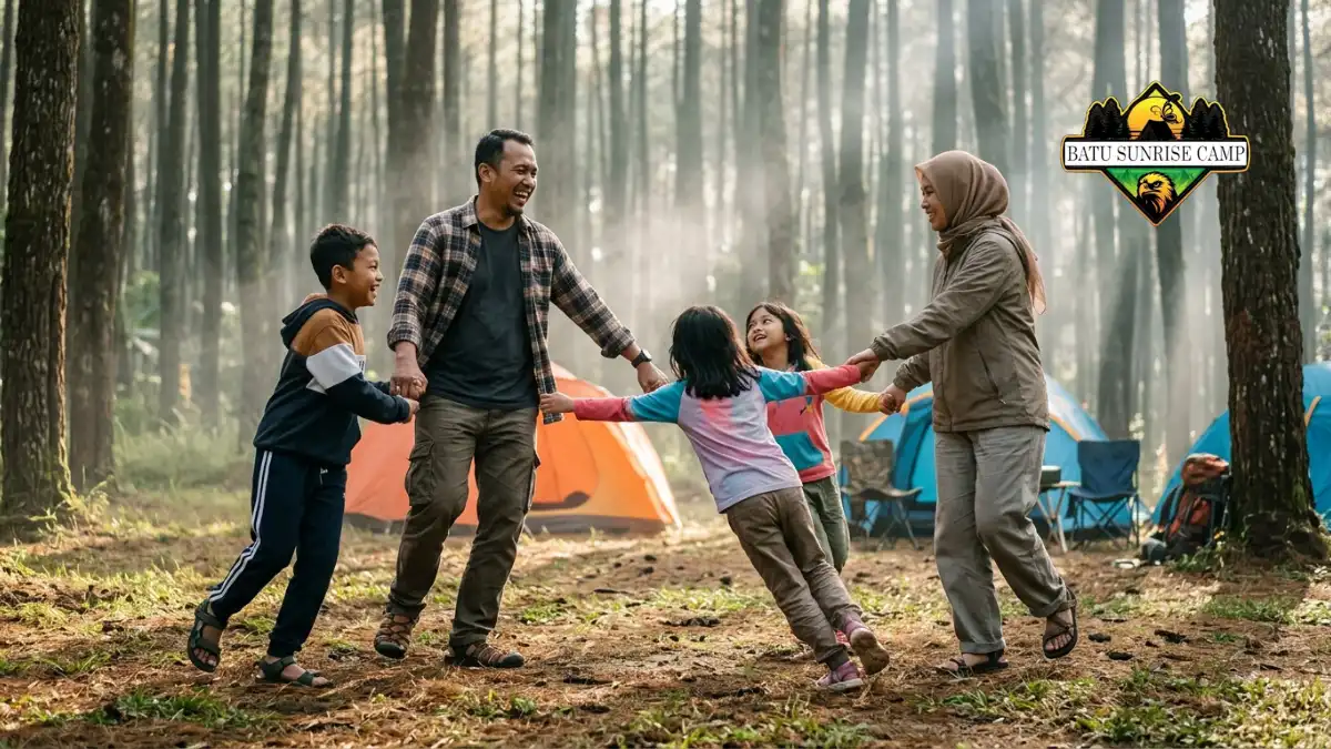 Keluarga bermain outbound sederhana tanpa alat saat camping di alam terbuka