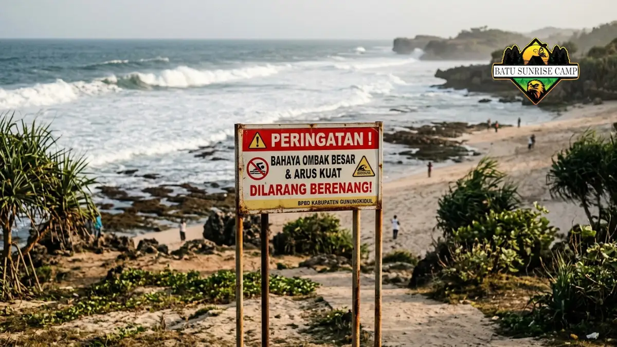 Papan peringatan bahaya ombak besar dan arus kuat dilarang berenang dari BPBD Gunungkidul di tepi pantai selatan