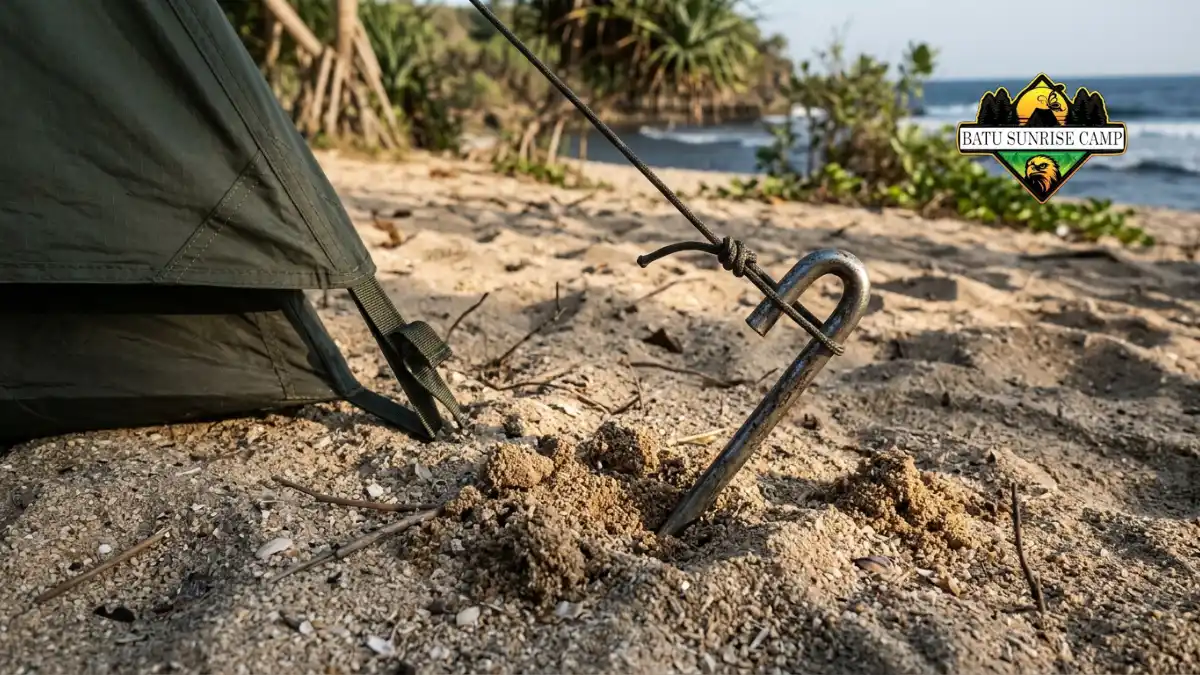 Pasak tenda ditancapkan miring menjauhi tenda di permukaan pasir pantai agar tali tetap kencang dan tenda tidak berkibar
