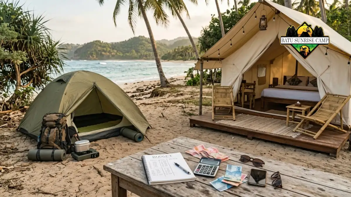 Perbandingan biaya glamping pantai dan camping biasa dengan catatan budget, kalkulator, dan uang rupiah di meja kayu dekat pantai
