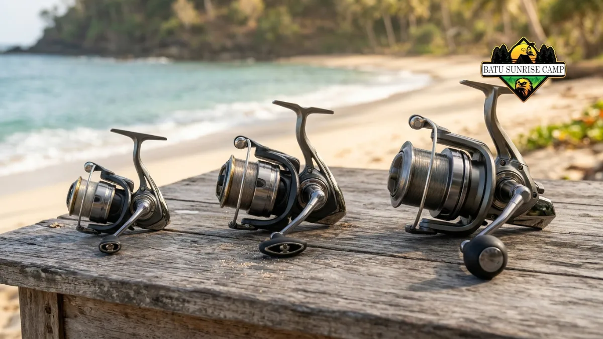 Perbandingan tiga ukuran reel spinning kelas 2000, 4000, dan 6000 yang ditata berdampingan menunjukkan perbedaan diameter spool dan bodi reel