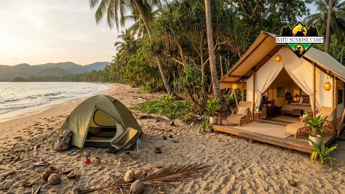 Perbandingan tenda camping biasa berwarna hijau dengan perlengkapan sederhana dan tenda glamping pantai mewah berdek kayu di tepi pantai berpasir saat sore hari