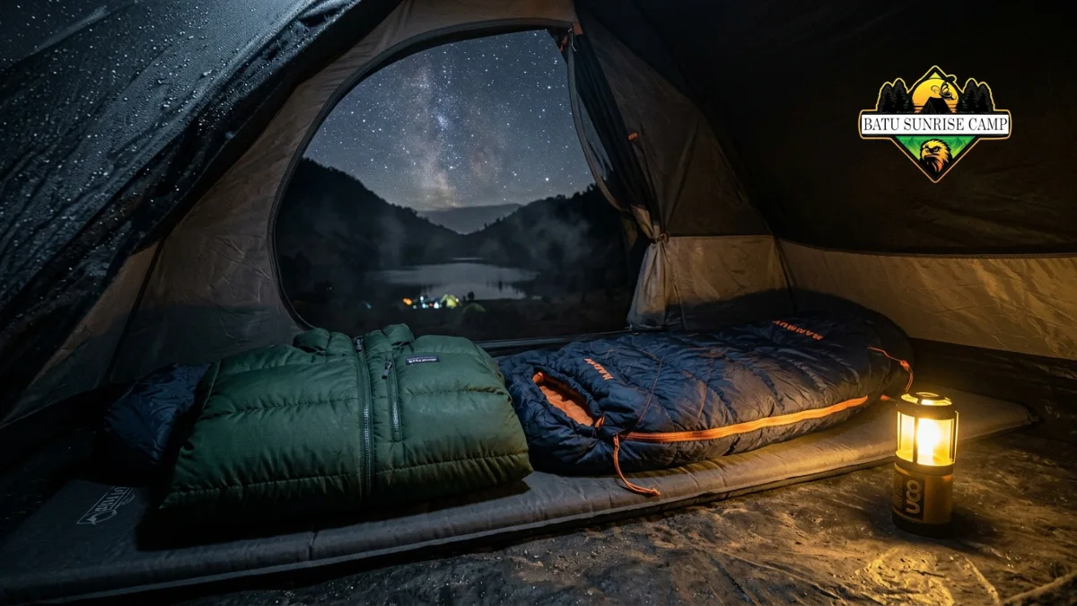 Jaket tebal dan perlengkapan hangat untuk camping di pegunungan Batu