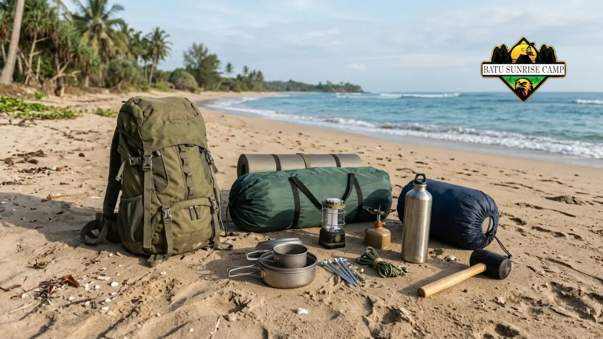 Berbagai peralatan dan perlengkapan camping pantai ditata di atas pasir siap digunakan untuk berkemah aman