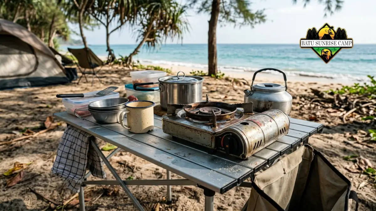 Kompor portabel, nesting cookware, dan bahan makanan tahan lama tertata rapi di atas meja lipat untuk persiapan memasak saat camping di pantai