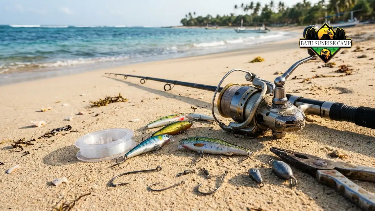 Perlengkapan memancing pantai lengkap termasuk joran, reel, tackle box berisi kail dan pemberat, serta umpan buatan siap pakai di tepi pantai