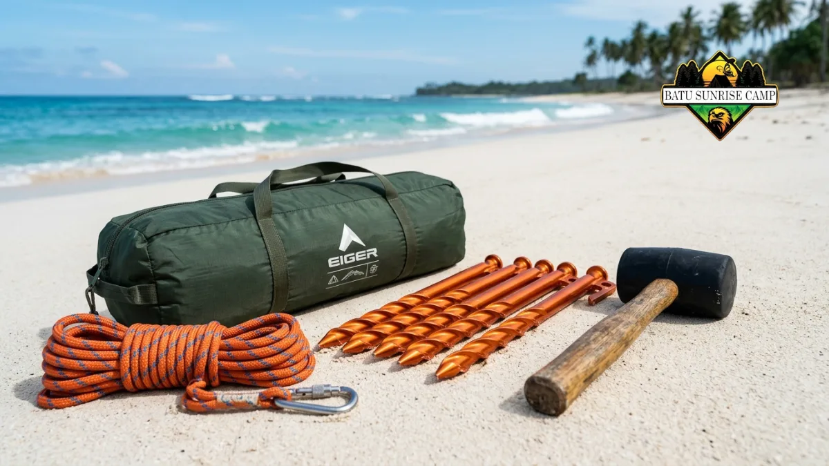 Persiapan Alat Sebelum Mendirikan Tenda di Pasir