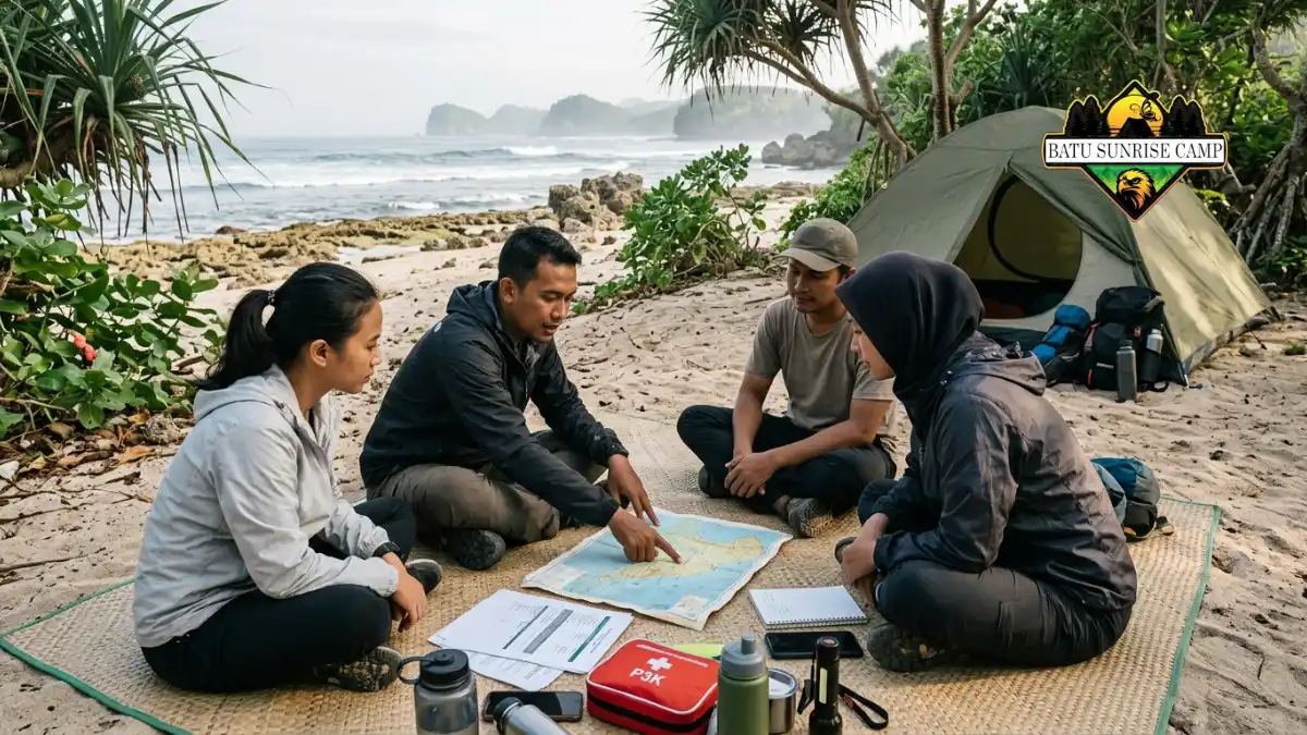 Kelompok camping mendiskusikan rencana darurat dan titik evakuasi sebelum mendirikan tenda di pantai terpencil