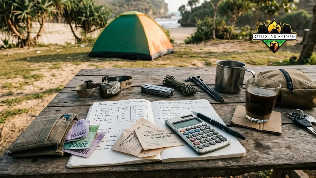 Catatan rincian biaya camping di pantai Gunungkidul dengan karcis wisata, kalkulator, dan uang rupiah di atas meja kayu dekat tenda