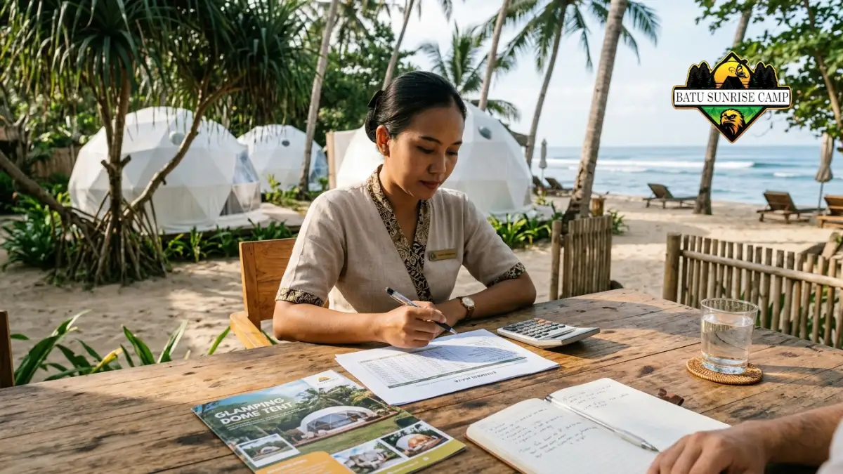 Petugas glamping sedang mencatat dan menghitung rincian biaya sewa tenda glamping dome pantai di meja kayu tepi laut